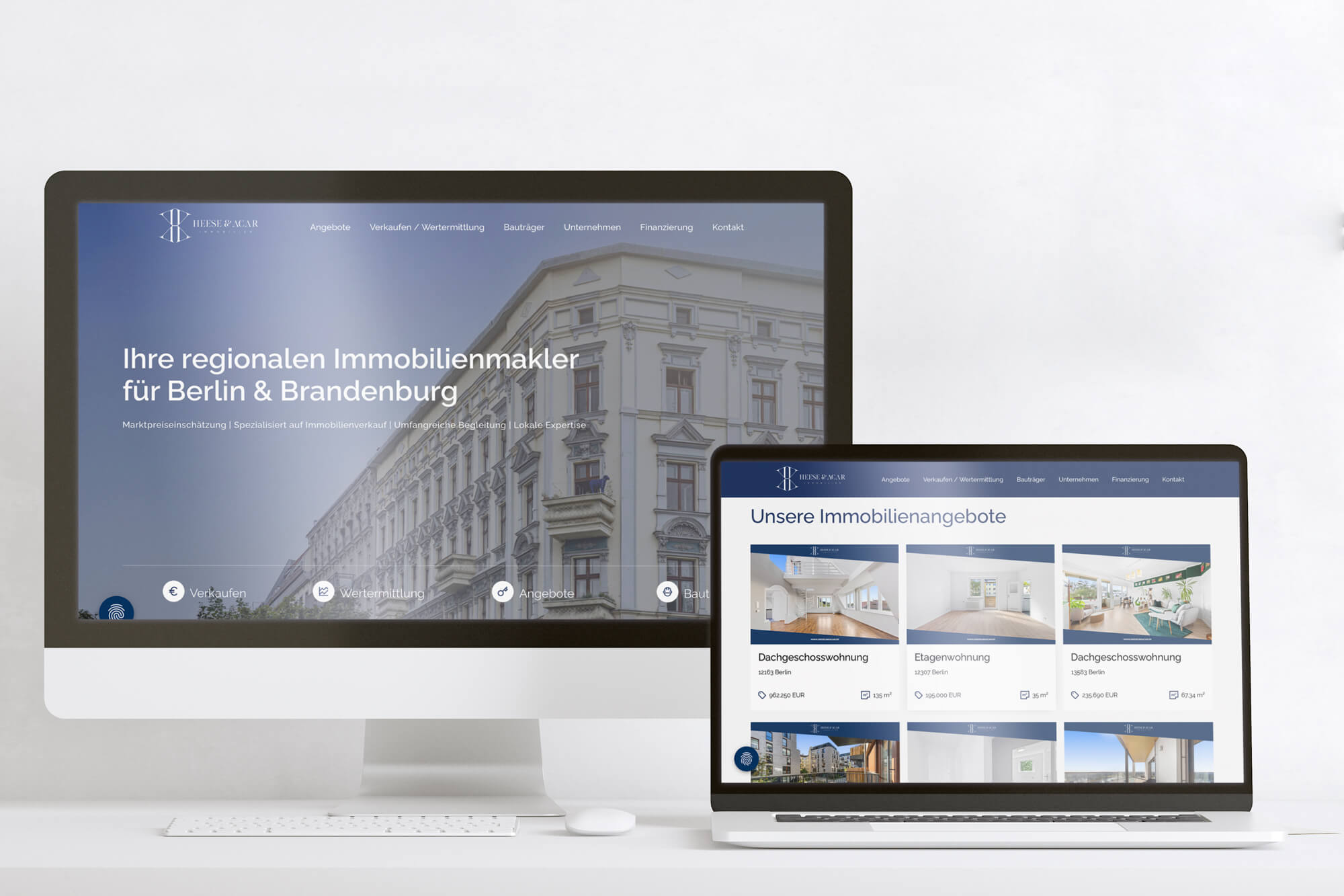 Ein Desktop- und ein Tablet-Bildschirm zeigen eine Immobilienmakler-Website mit Immobilienangeboten für Berlin und Brandenburg