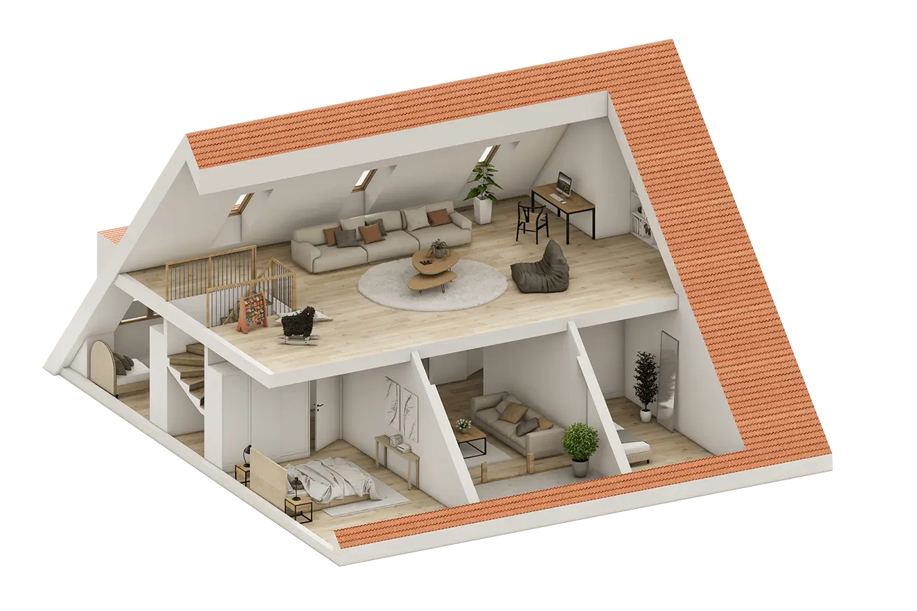 3D-Grundriss eines ausgebauten Dachgeschosses mit moderner Möblierung
