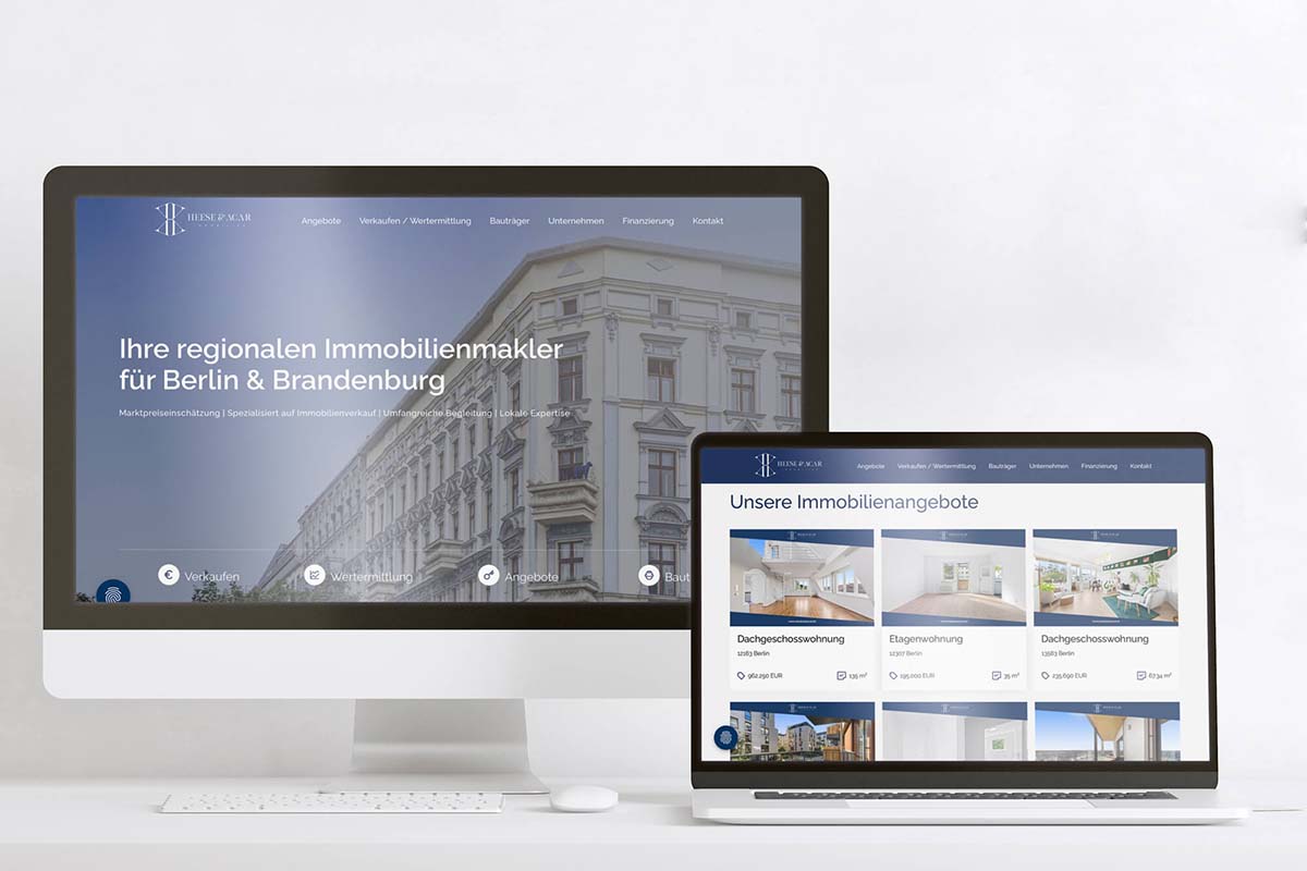 Webdesign einer Immobilienmakler-Website auf Desktop und Laptop für Berlin und Brandenburg