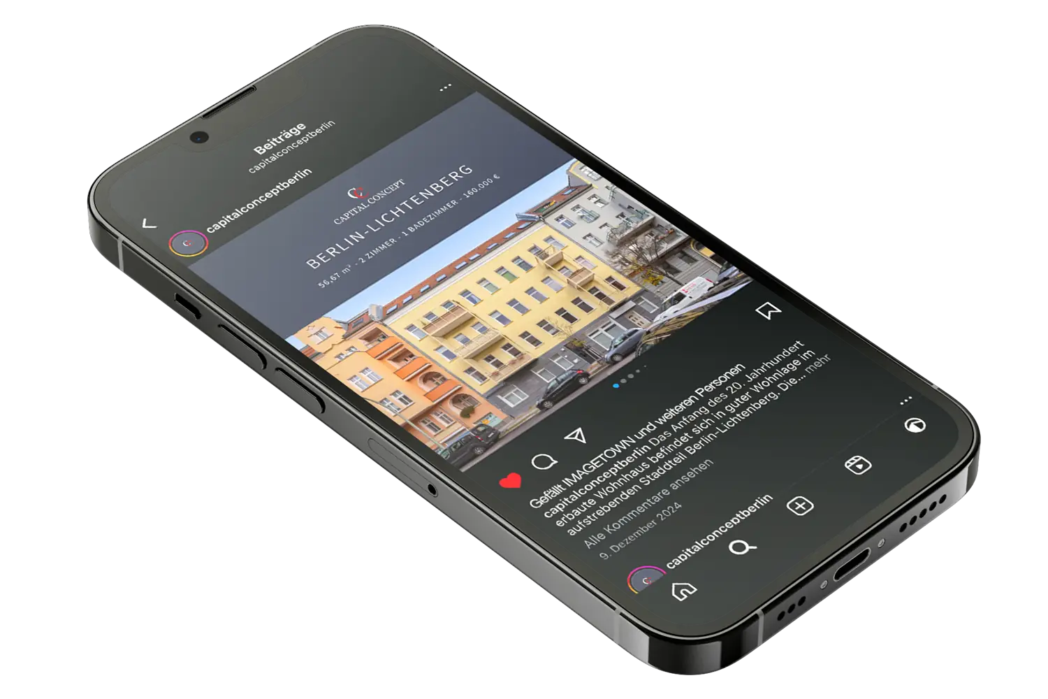 Instagram-Post eines Immobilienunternehmens in Berlin mit visuelle Immobilienvermarktung via Social Media.