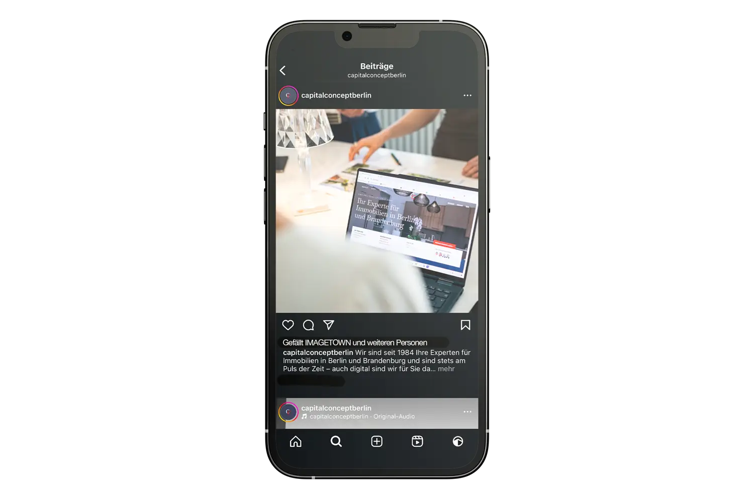 Instagram-Beitrag zeigt Makler-Team bei der Arbeit – Fokus auf digitale Immobilienvermarktung.