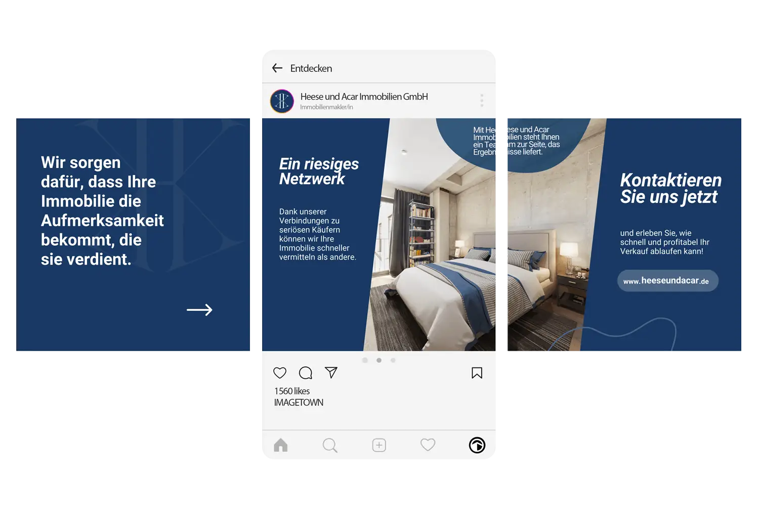 Instagram-Kampagne für Immobilienvermarktung mit ansprechendem Design, Fokus auf Reichweite und Vertrauen.