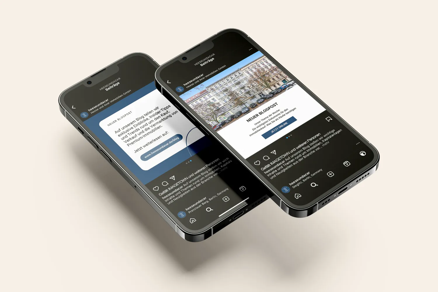 Zwei Smartphones mit Social Media Beiträgen über Immobilien. Beispiel für professionelles Social Media Marketing für Immobilienmakler.