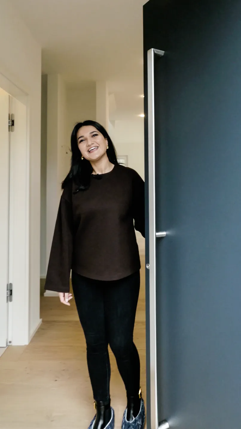 Immobilienmaklerin öffnet die Tür für eine Videotour im Rahmen von Social Media Marketing für Immobilienmakler